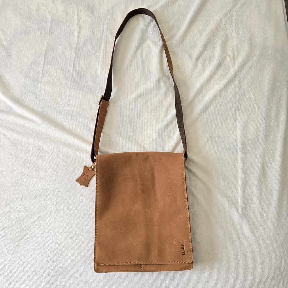 Leabags Men's Messenger Bag 100% Leather Shoulder Strap Flap Brown